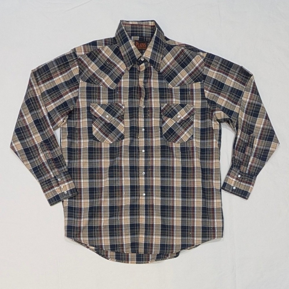 Plains Western Wear Mens Large Pearl Snap Plaid Shirt Navy Tan Metallic L